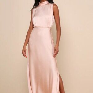 Classic Elegance Blush Satin Sleeveless Mock Neck Maxi Dress Blush/Champagne- 1X